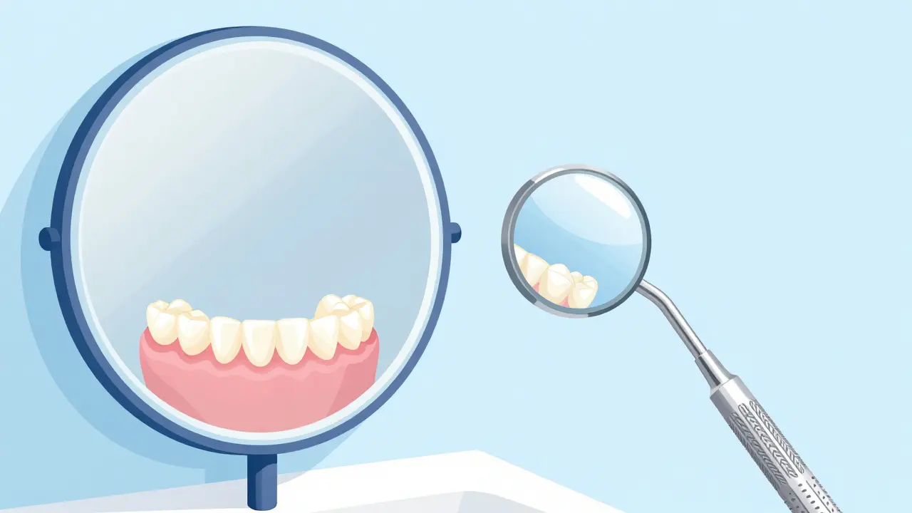 Ilustrace porovnávající pohled do běžného zrcadla a přesné vyšetření pomocí dentálního zrcátka.