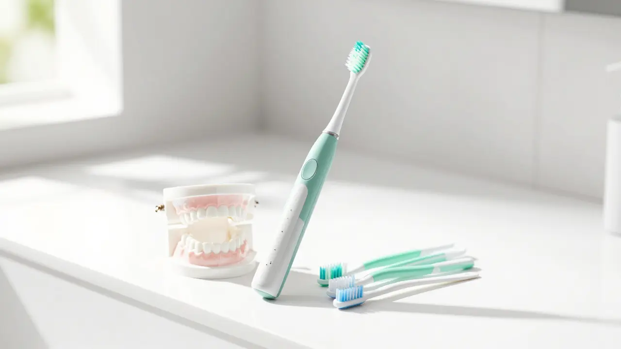 Nástroje pro domácí ústní hygienu na čistém pultu