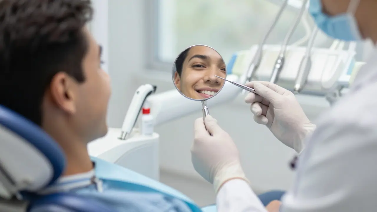 Pacient obdivuje nový úsměv v zrcadle u dentisty