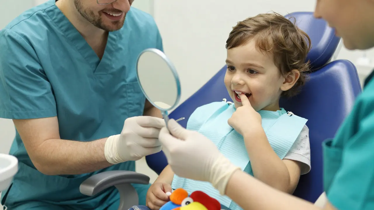 Přátelský zubní lékař ukazuje zrcátko usměvavému dítěti na kolenou