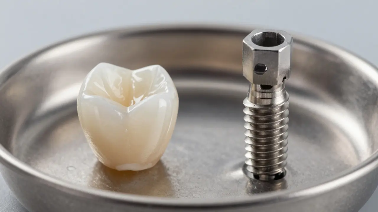 Srovnání keramické korunky a titanového implantátu na chirurgickém tácu