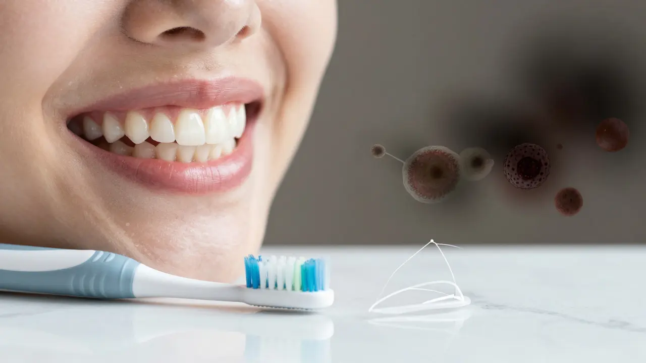Srovnání zdravých zubů a rizikového plaku s hygienickými pomůckami