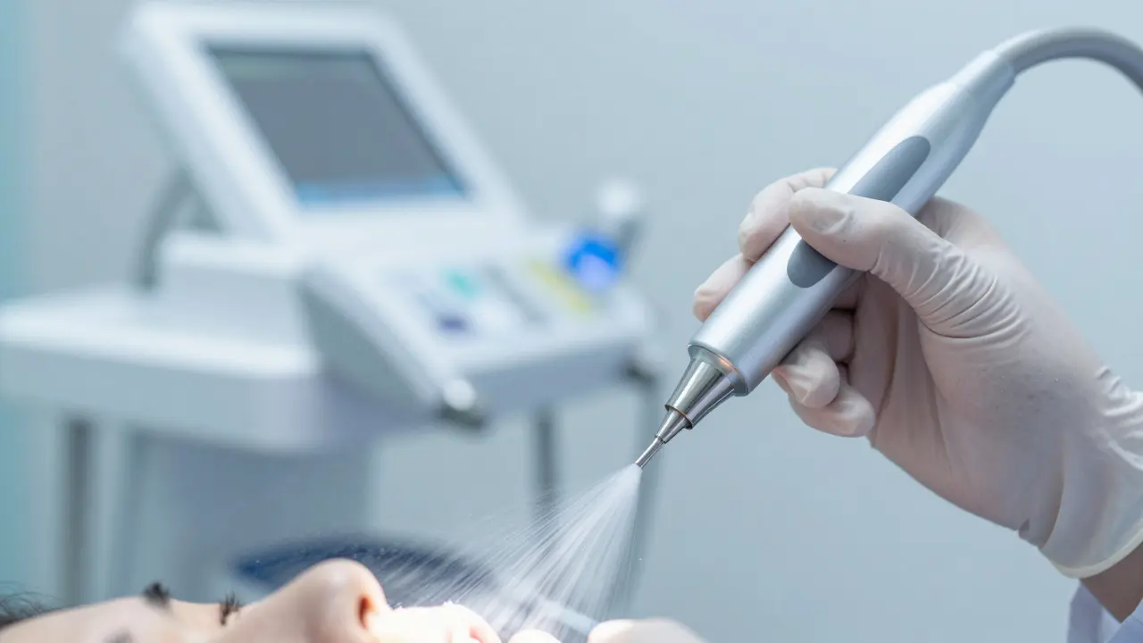 Ultrazvuková sonda při čištění zubního kamenu v ordinaci