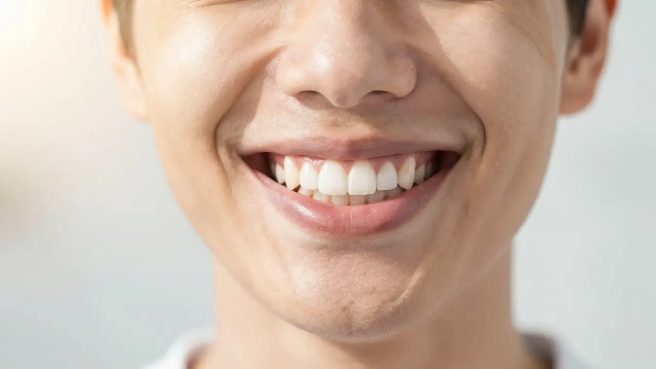 Úsměv člověka s dokonalými bílými zuby symbolizující zdraví