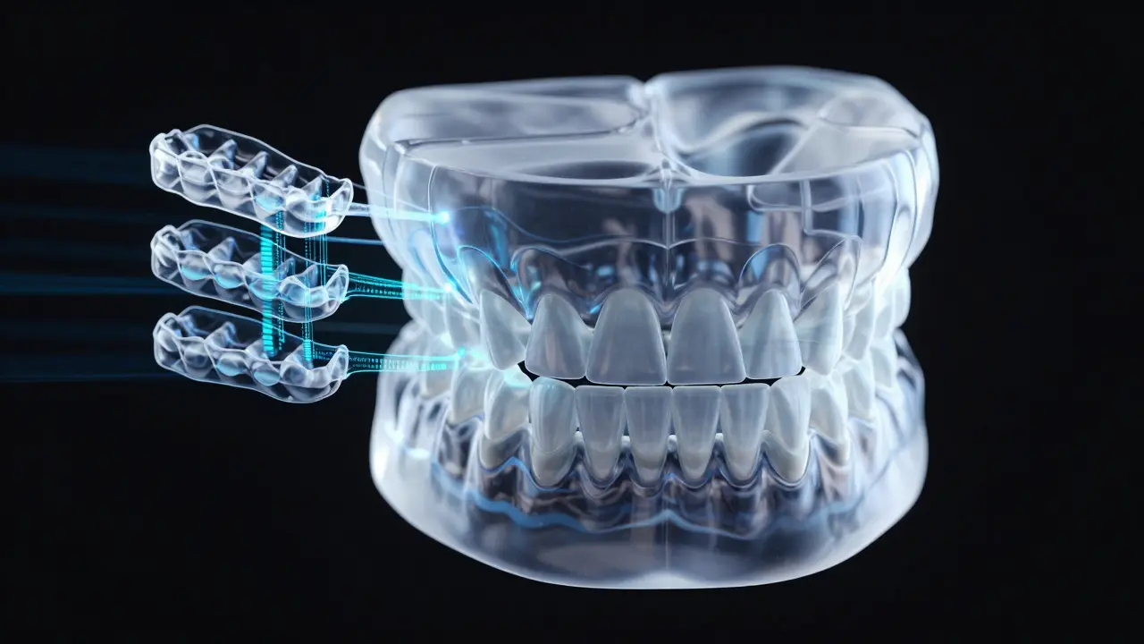 3D digitální simulace pohybu zubů pomocí sérii transparentních krytů