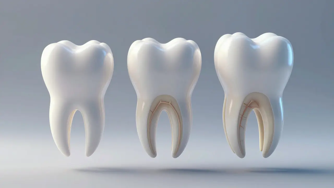 3D vizualizace porovnání počtu kořenů u různých typů zubů
