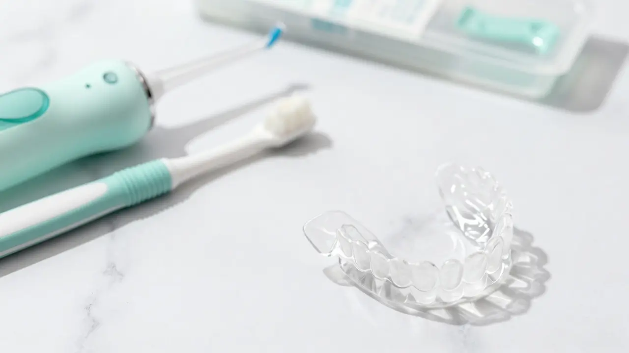 Hygienické pomůcky a noční šinka na mramorovém povrchu