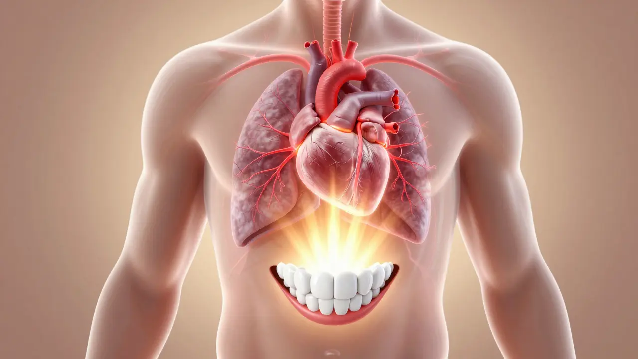 Ilustrace spojující zdravý úsměv se srdcem a plícemi pro prevenci systémových nemocí.