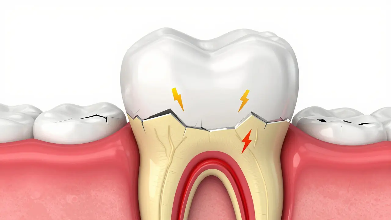 Přesný řez zubem ukazující odhalený dentin a nervovou citlivost