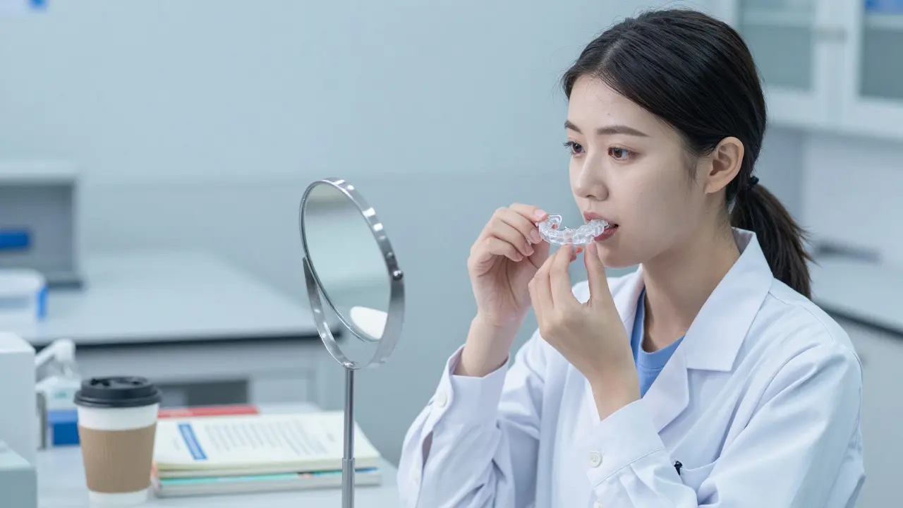 Studentka medicíny si nasazuje snímací rovnátka v laboratoři