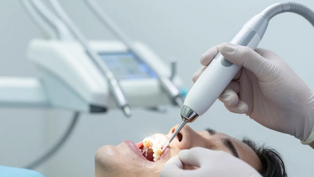 Dentální hygienista čiští zuby ultrazvukovým skalpelem