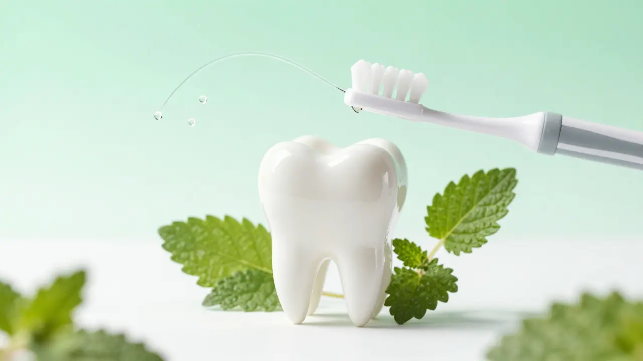 Hygienické pomůcky jako mezizubní kartáček kolem čistého zuba
