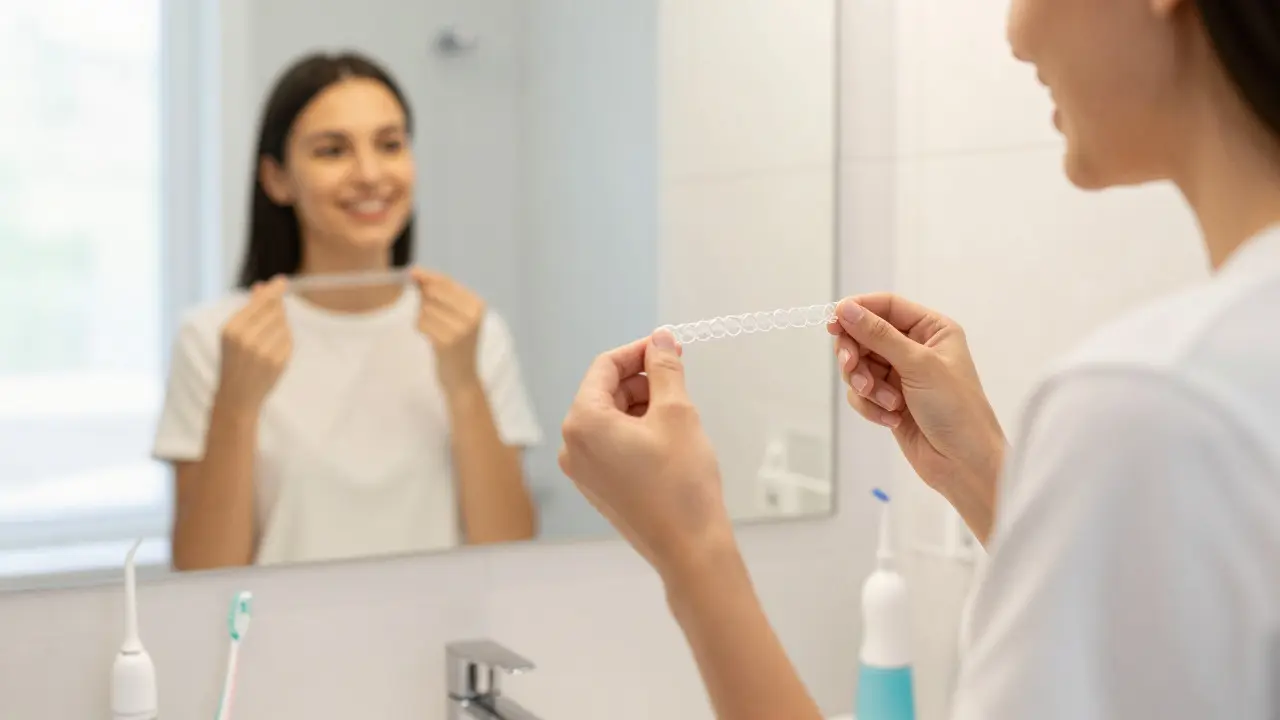 Mladý člověk mění elastiky na rovnátkách před zrcadlem