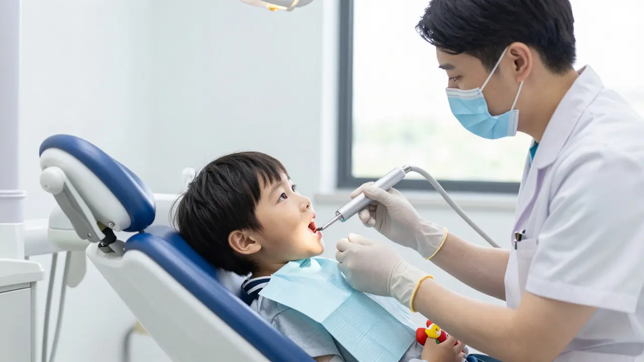 Pediatrický stomatolog provádí čištění zubů ultrazvukem u klidného dítěte