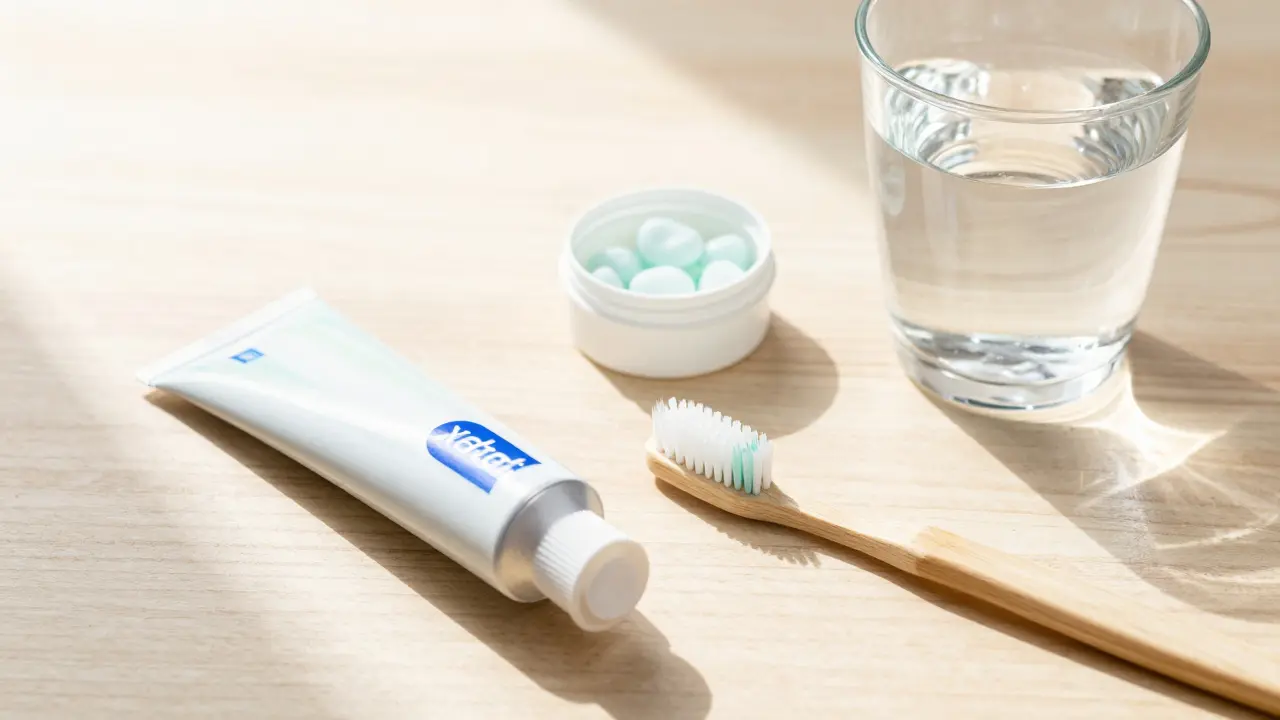 Příslušenství pro ústní hygienu: pasta, kartáček a voda