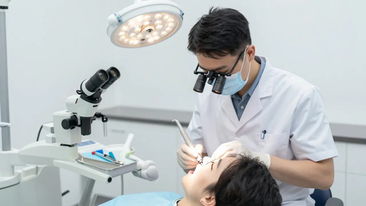 Stomatolog diagnostikuje prasklý zub pomocí světla