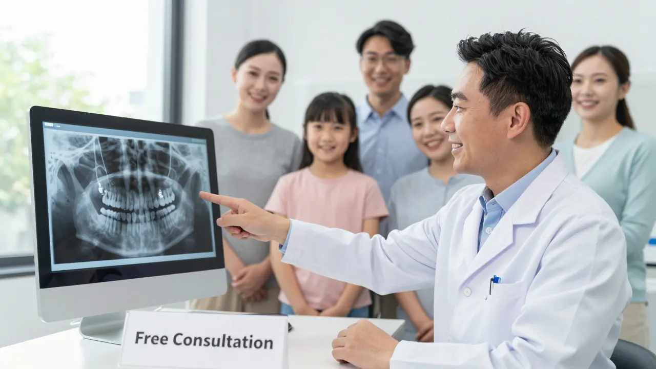 Úsměvný lékař ukazuje rentgen s úspěšně vloženým implantátem
