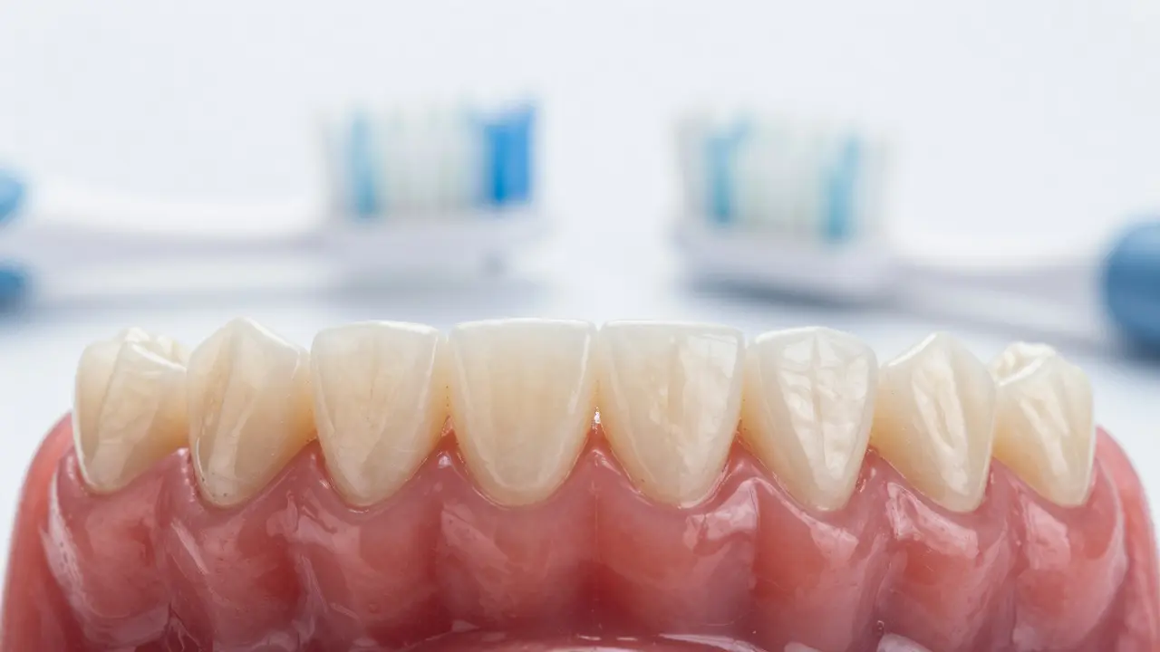 Zdravé růžové dásně kolem fazet a pomůcky pro pečlivou ústní hygienu