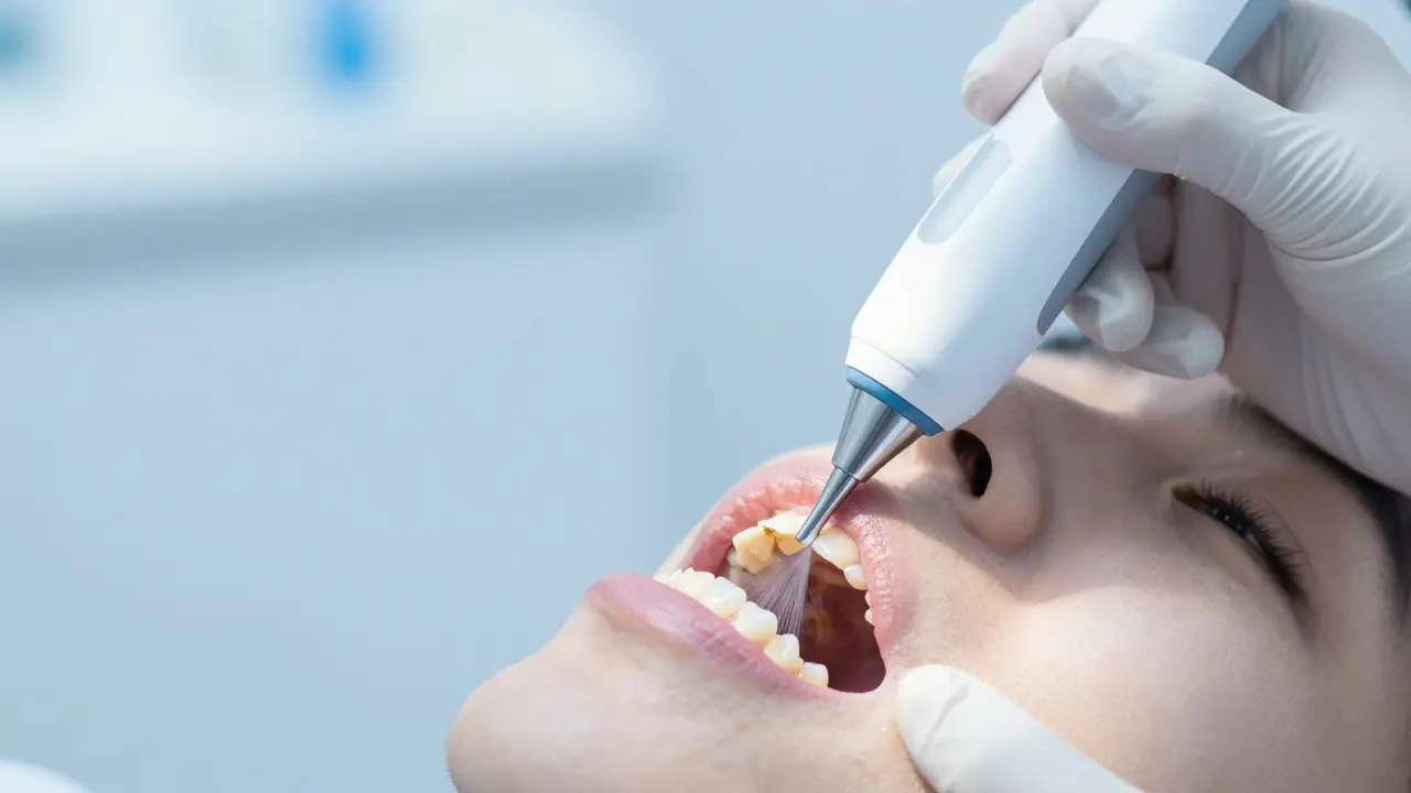 Zubní hygienista provádí ultrazvukové čištění zubního kamene