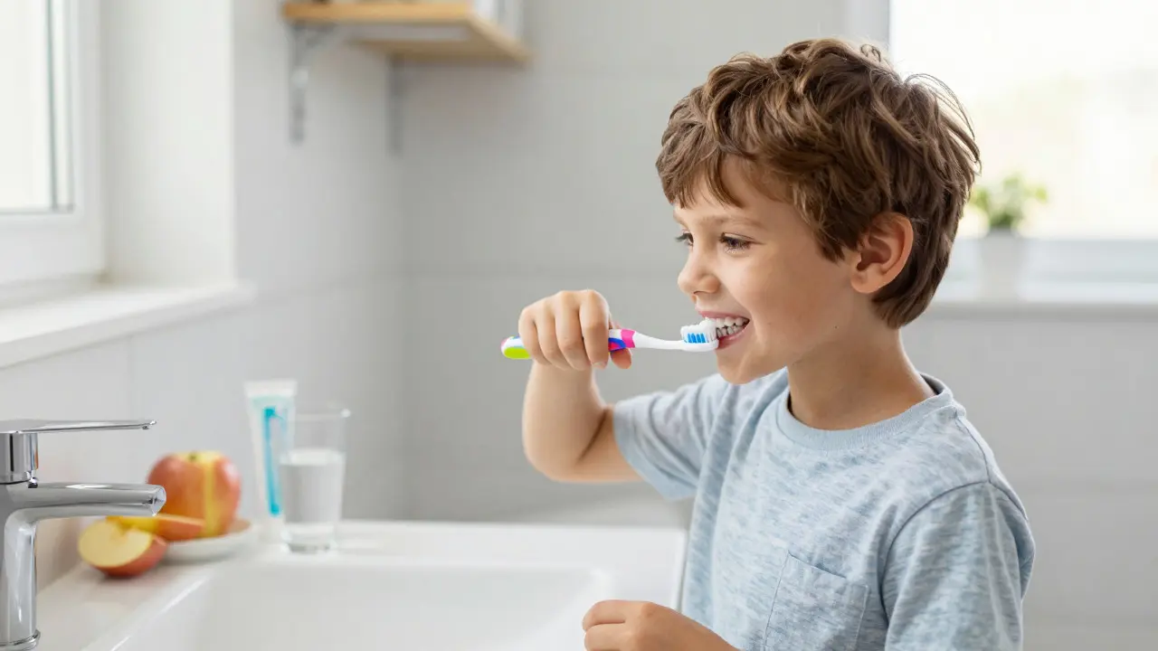 Chlapec si čistí zuby doma s fluoridovou pastou jako součást prevence