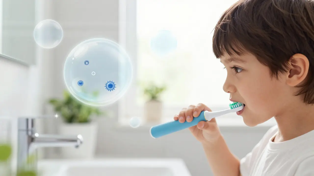 Dítě čistící zuby elektrickým kartáčem v osvětlené koupelně s abstraktními bublinami představujícími ochranu.