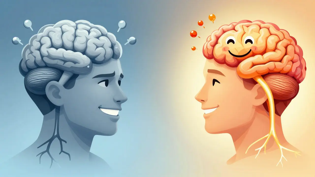 Ilustrace mozku ukazující vztah mezi úsměvem a emocemi