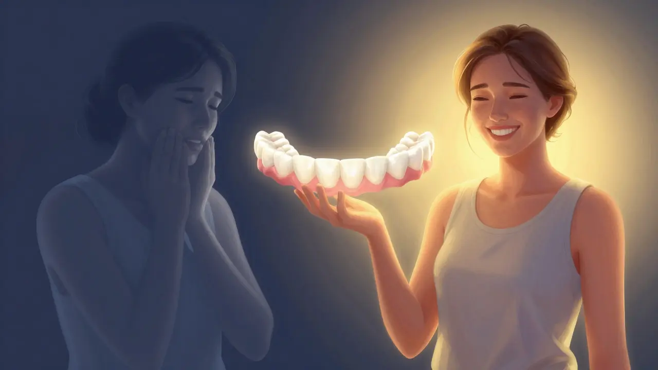 Ilustrace přechodu od bolesti k sebevědomí díky protézám