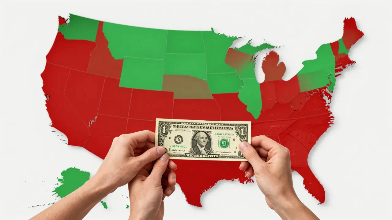 Konceptuální ilustrace rozdělující dolar mezi různé vrstvy daní na pozadí mapy USA