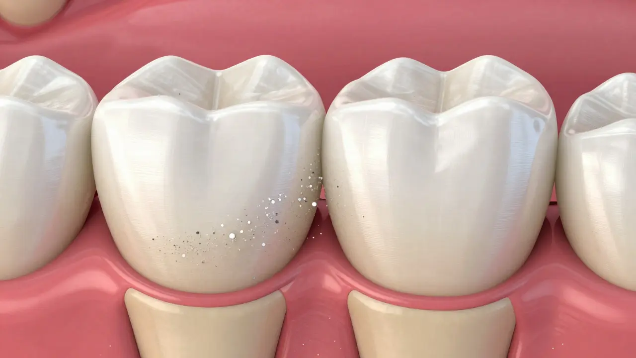 Microscopic view of tooth enamel thinning from abrasive particles