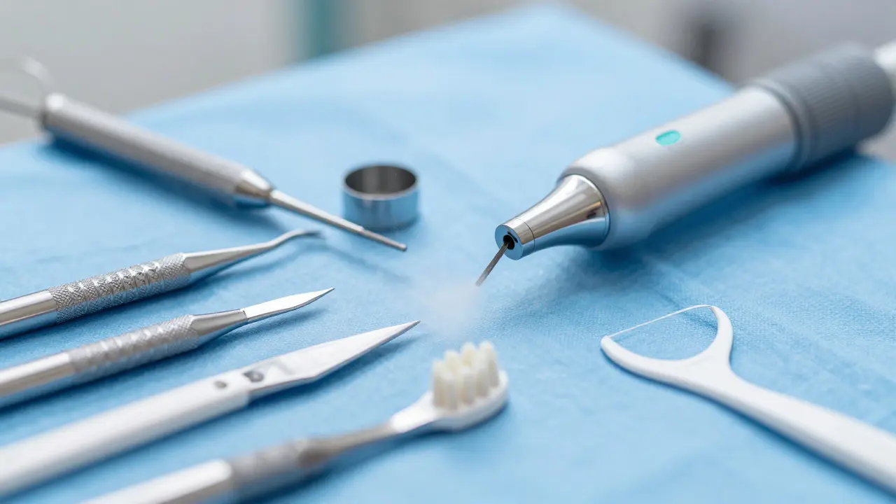 Moderní dentální nástroje pro odstranění kamene na sterilním prostěradle