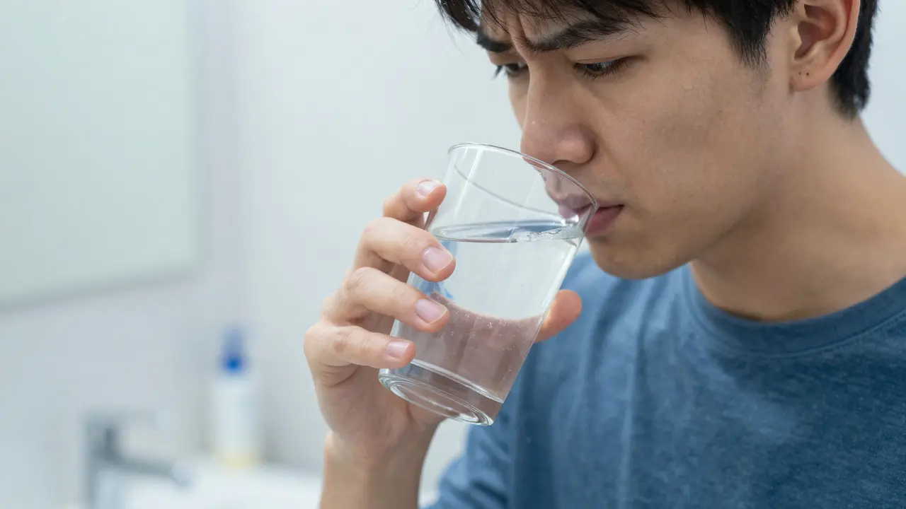 Person feeling tooth sensitivity while drinking cold water