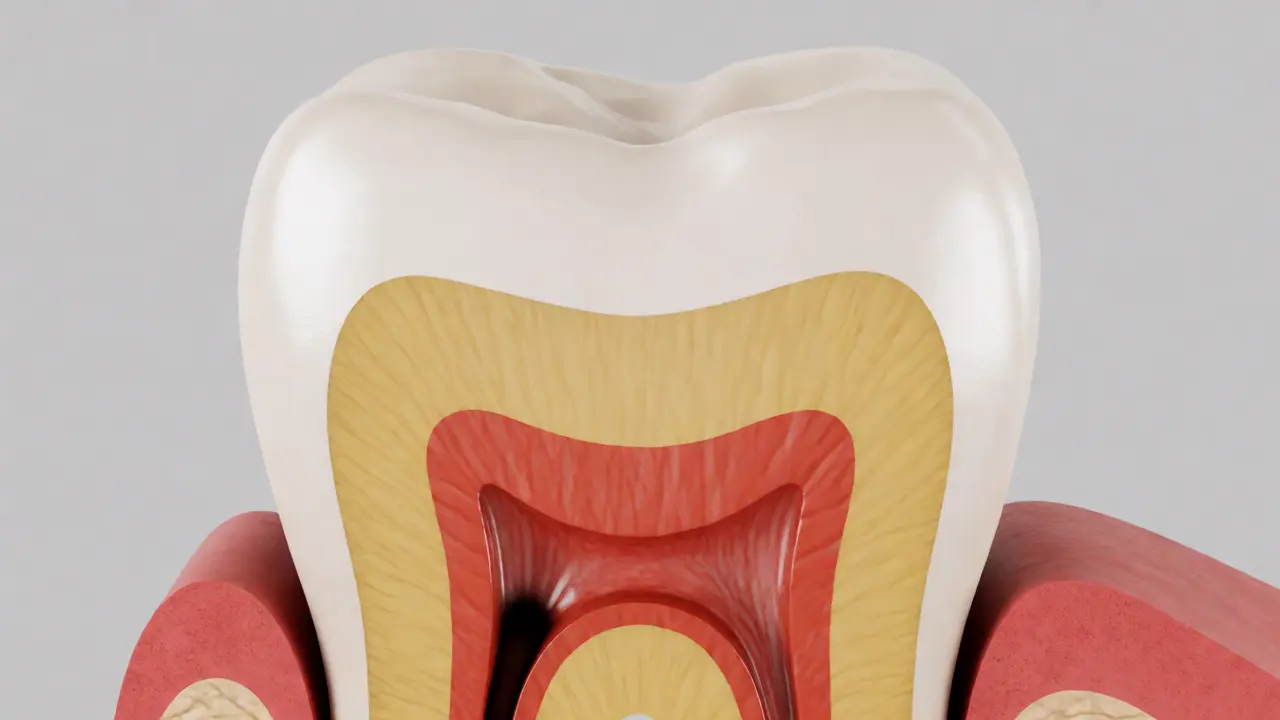 Řez zubem ukazující prasklinu procházející do dentinu a dřeně