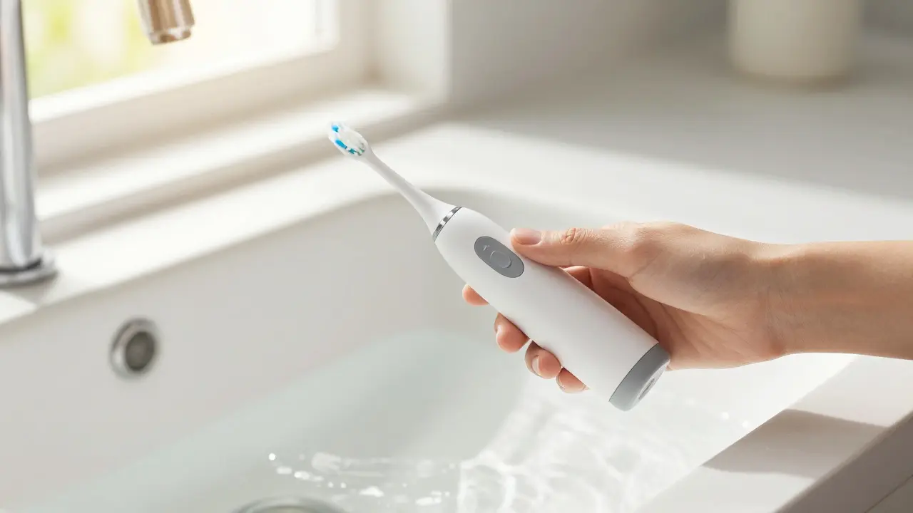 Ruční držení ergonomického ultrasonického čističe zubů u umyvadla
