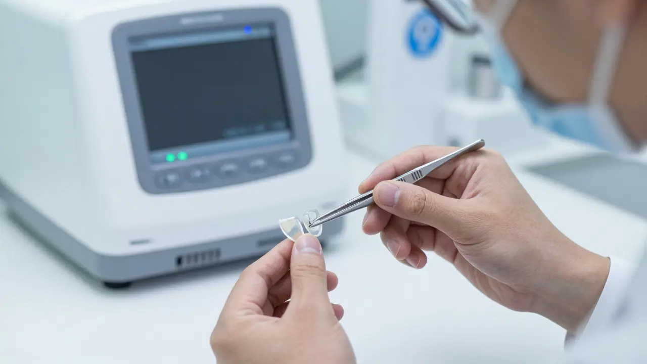 Zubní technik pracuje s tenkými keramickými fazetami v laboratoři