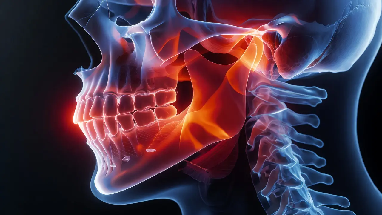 Anatomický náhled na čelistní kloub se zánětem způsobeným předkusem