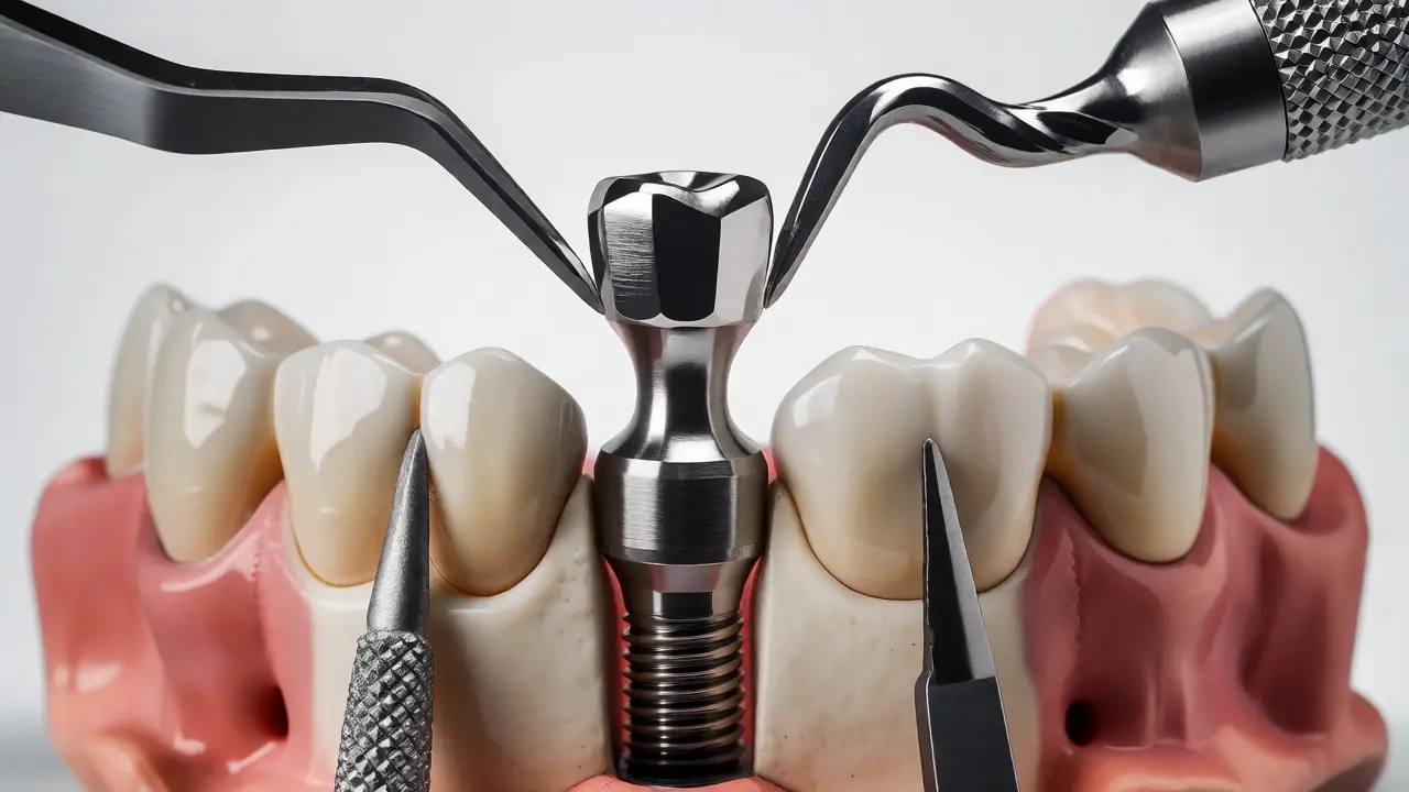 Detailní pohled na zavádění titánového zubního implantátu do kosti.