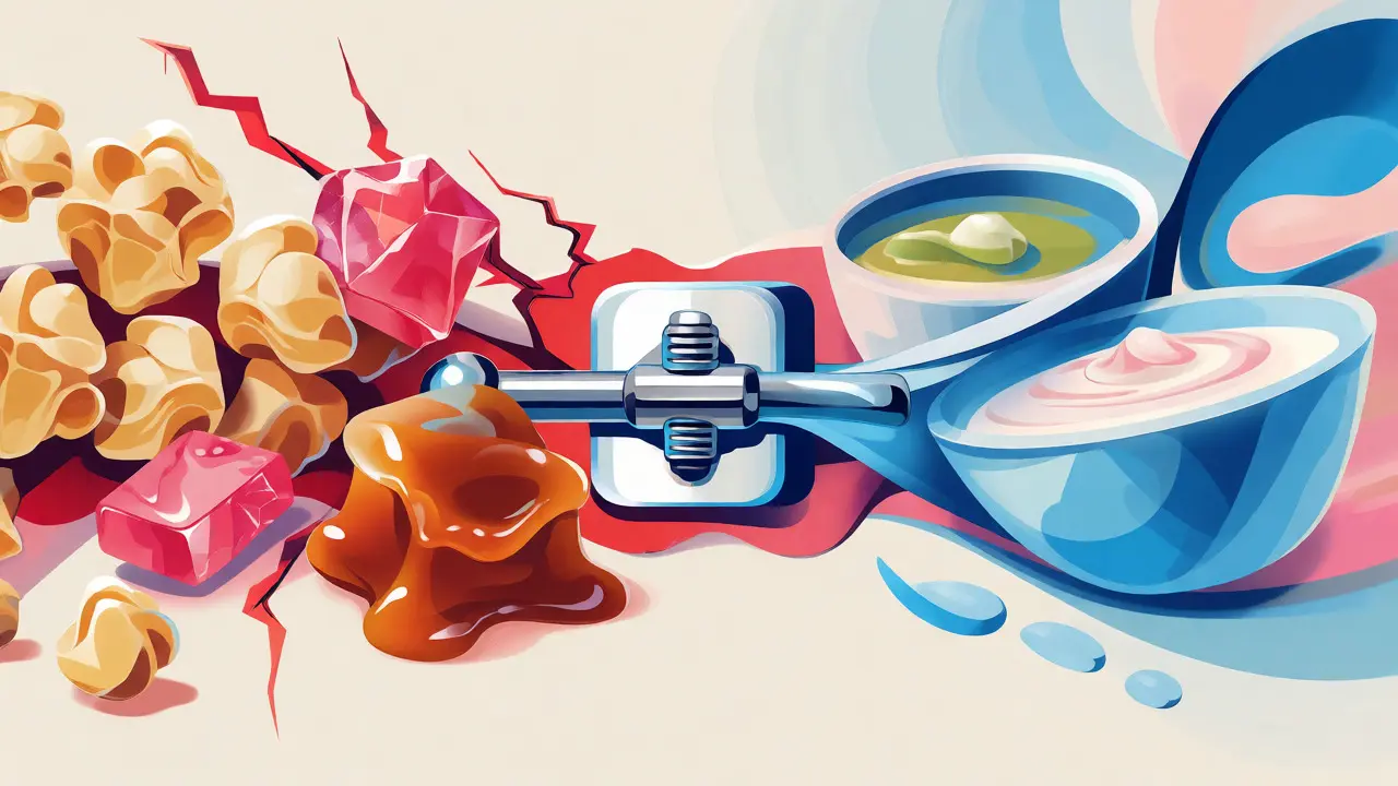 Ilustrace rozlišující tvrdé potraviny nebezpečné pro rovnátka od měkkých