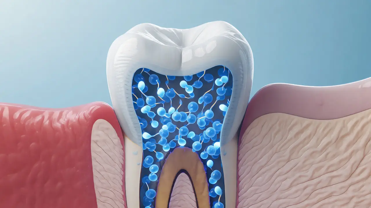 Ilustrace zubu s iontomerní plombou uvolňující fluoridové ionty
