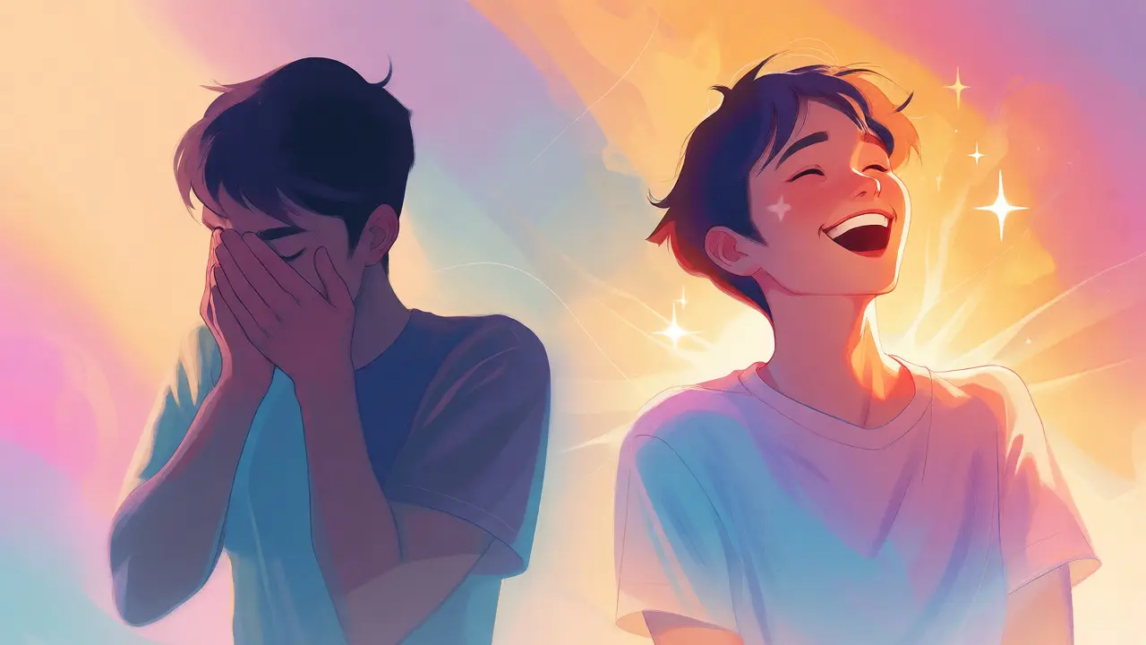 Konceptuální ilustrace transformace od nejistoty k sebevědomému úsměvu