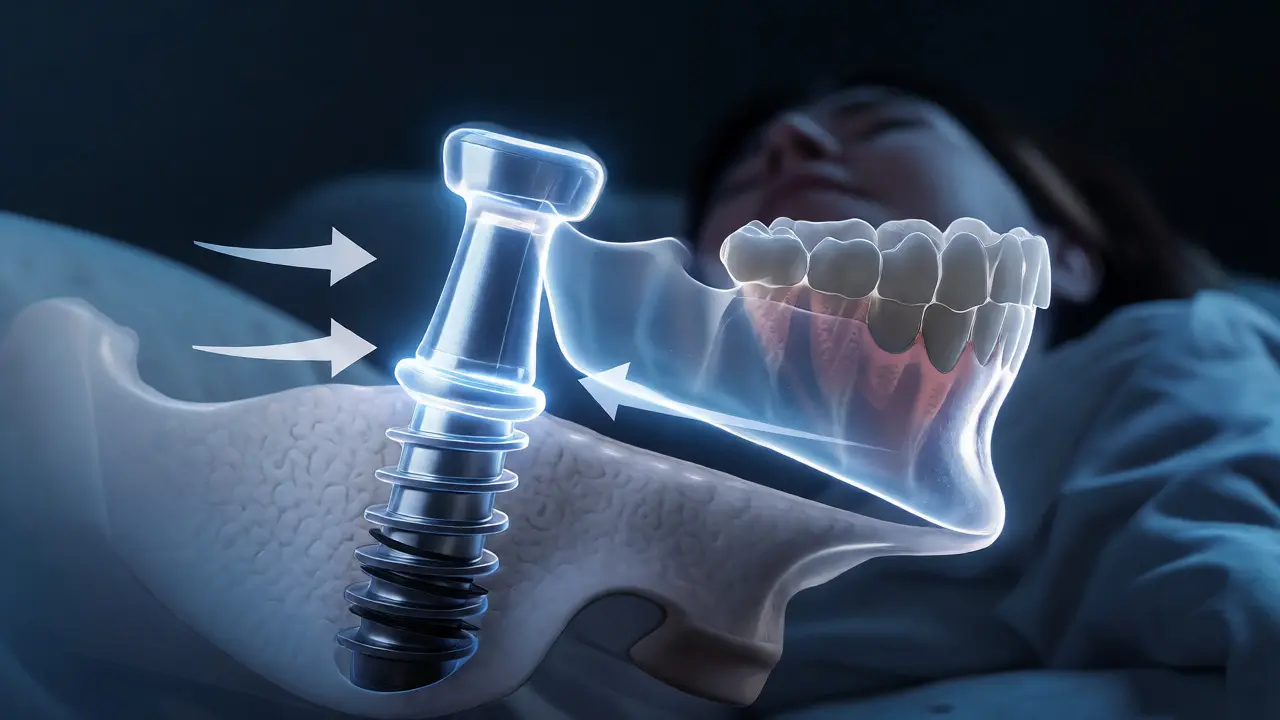 Konceptuální znázornění zubního implantátu stabilizujícího čelist a otevírajícího průdušnici