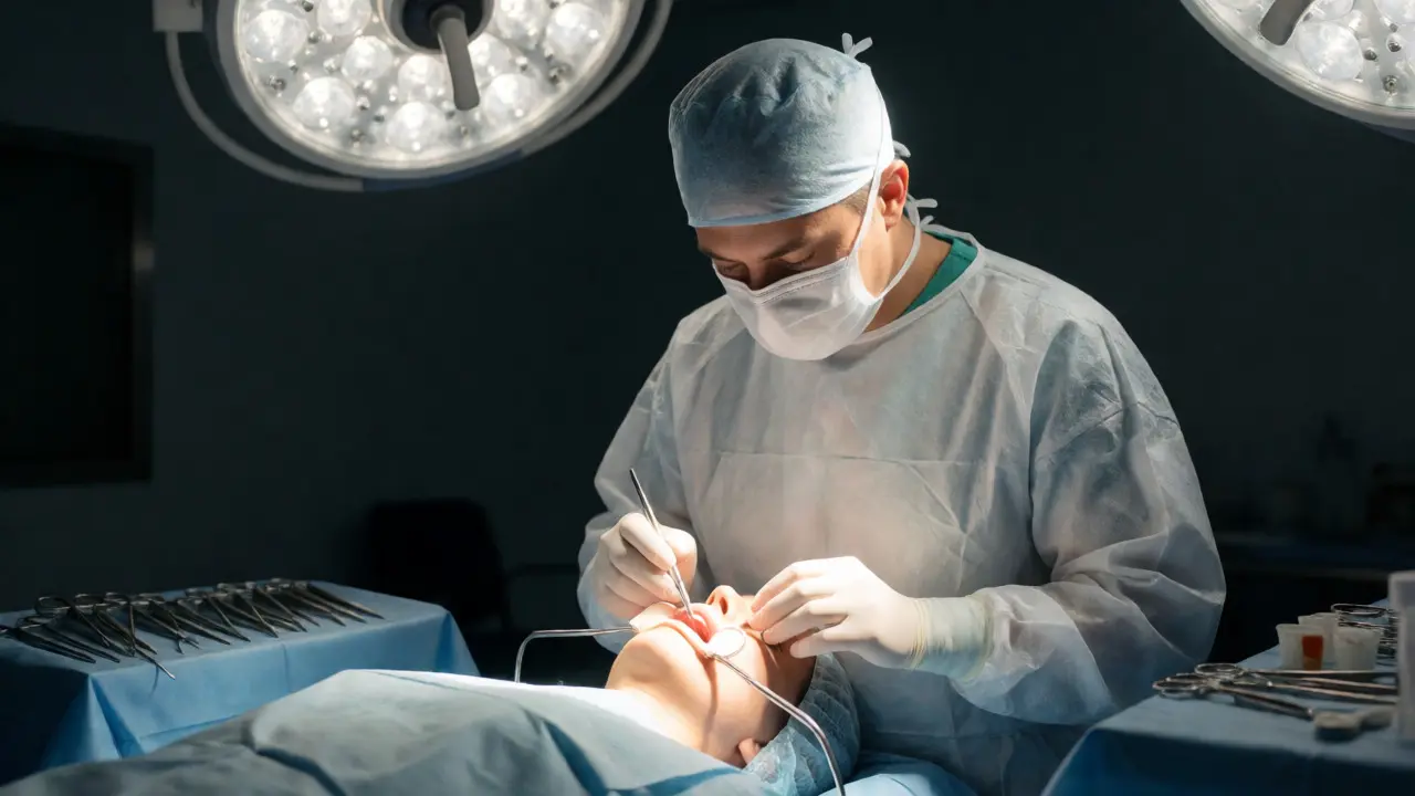Maxilofaciální chirurg provádí ortognatickou operaci v operačním sále.