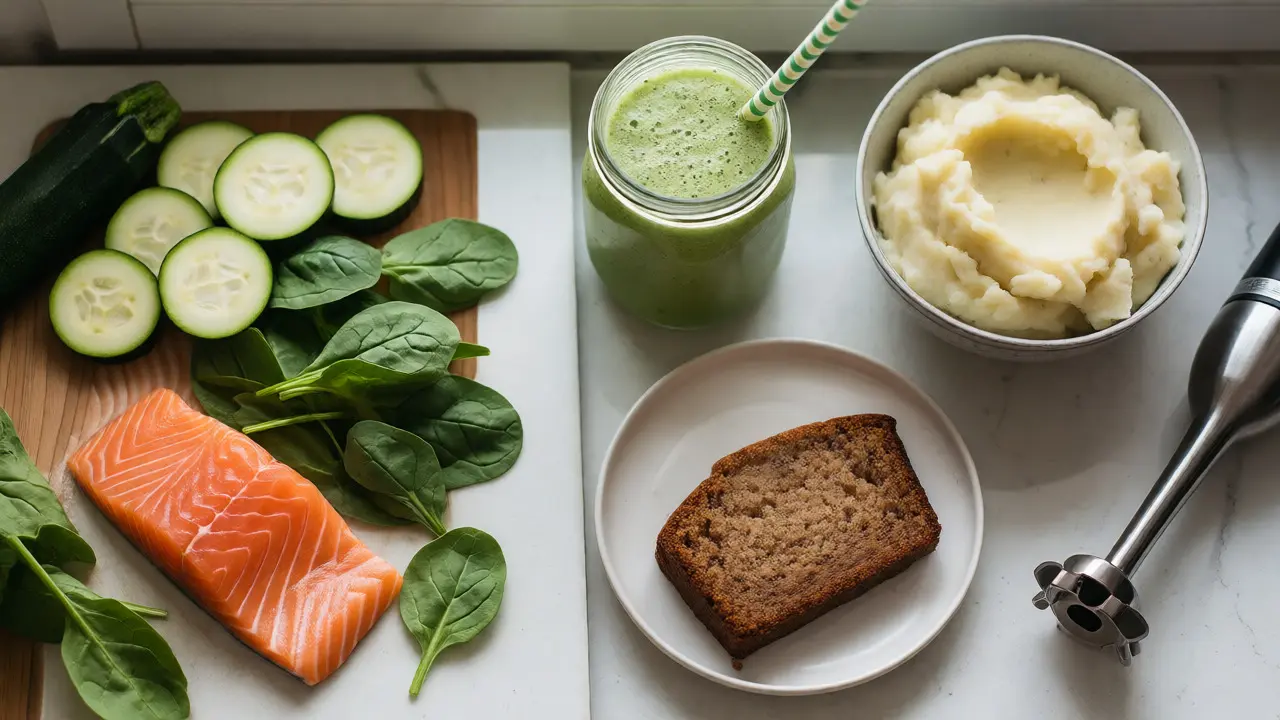 Připravené měkké jídlo pro pacienty s rovnátky: smoothie, pyré a ryba