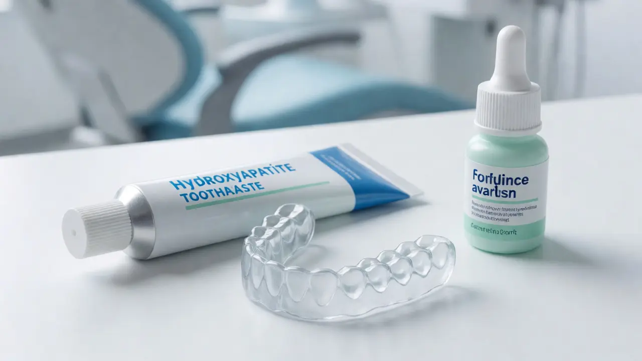 Průhledná zubní dlahy a ošetřovací produkty pro ochranu zubů před broušením.