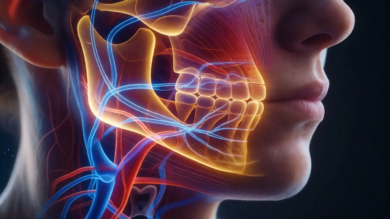 Anatomická ilustrace hojení kosti a nervů po chirurgickém zákroku