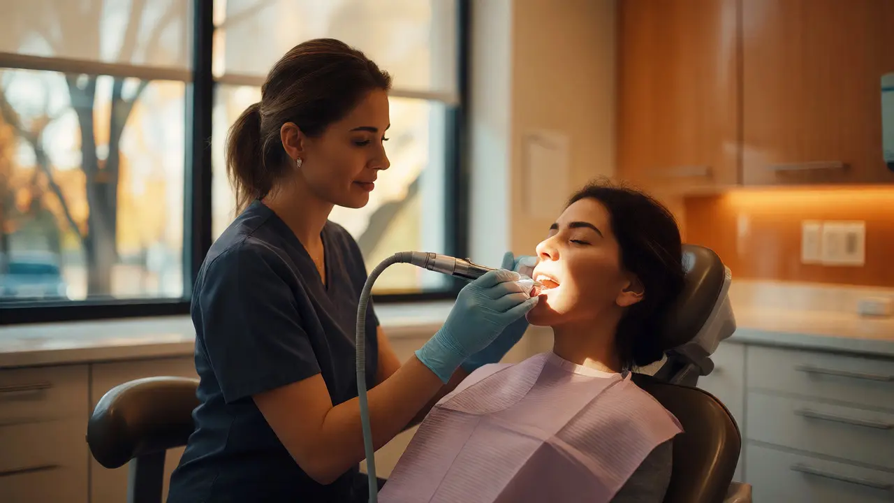 Dentální hygienista provádí profesionální čištění zubů