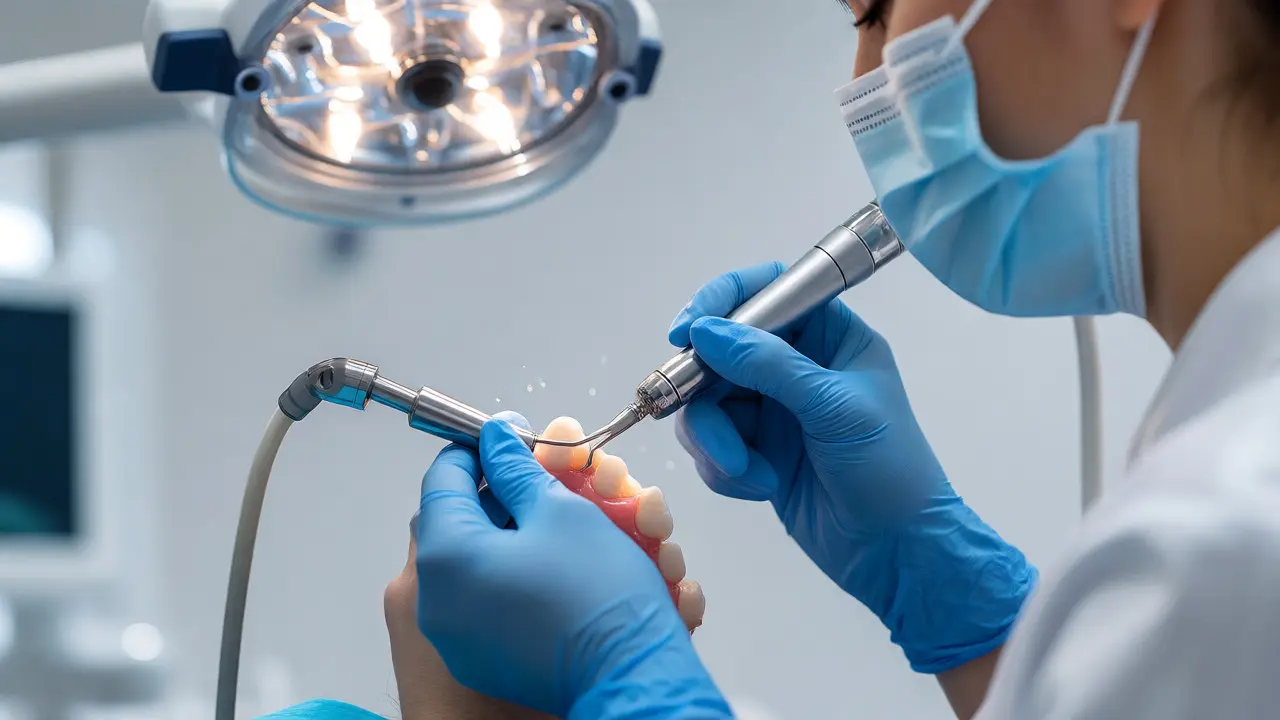 Dentální hygienistka odstraňuje kámen ultrazvukem