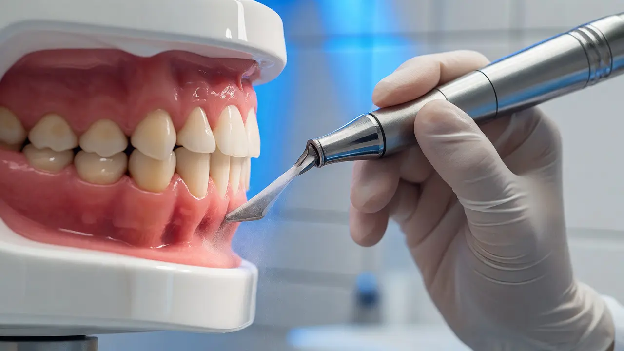 Dentální hygienistka odstraňuje zubní kámen ultrazvukem