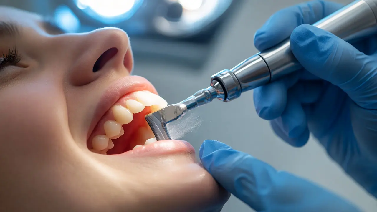 Dentální hygienistka provádí ultrazvukovou skalaci zubů
