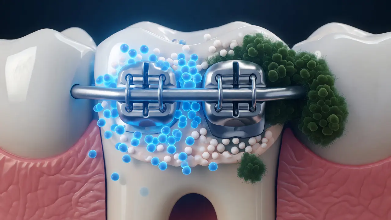 Ilustrace ochrany skloviny u rovnátek fluoridem