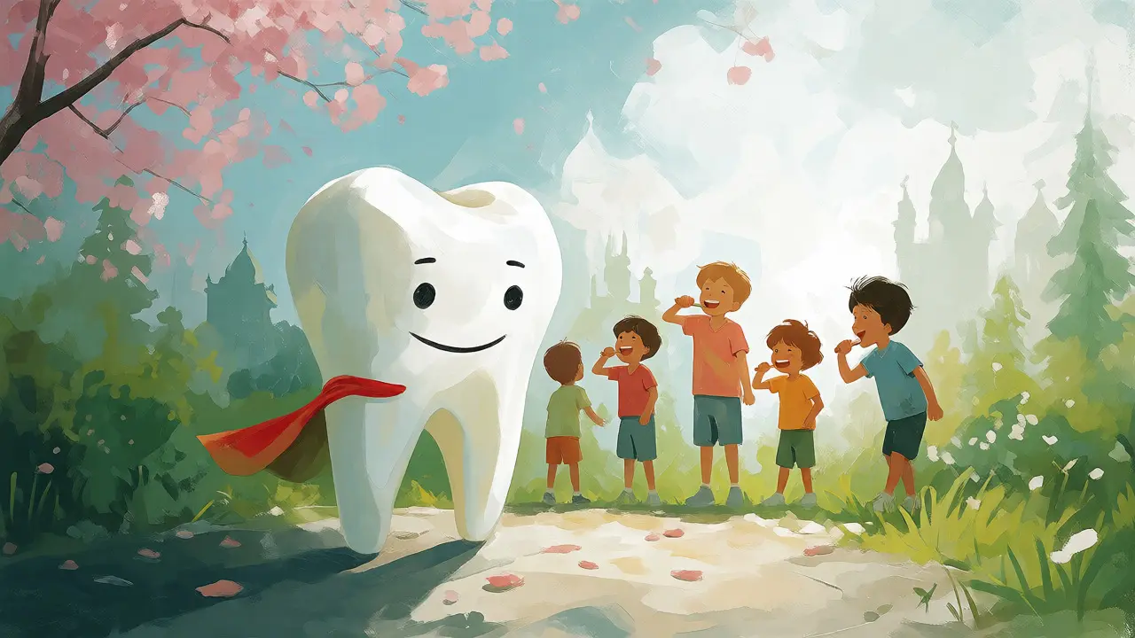 Ilustrace zdravých zubů a dětí v pražském parku symbolizující prevenci